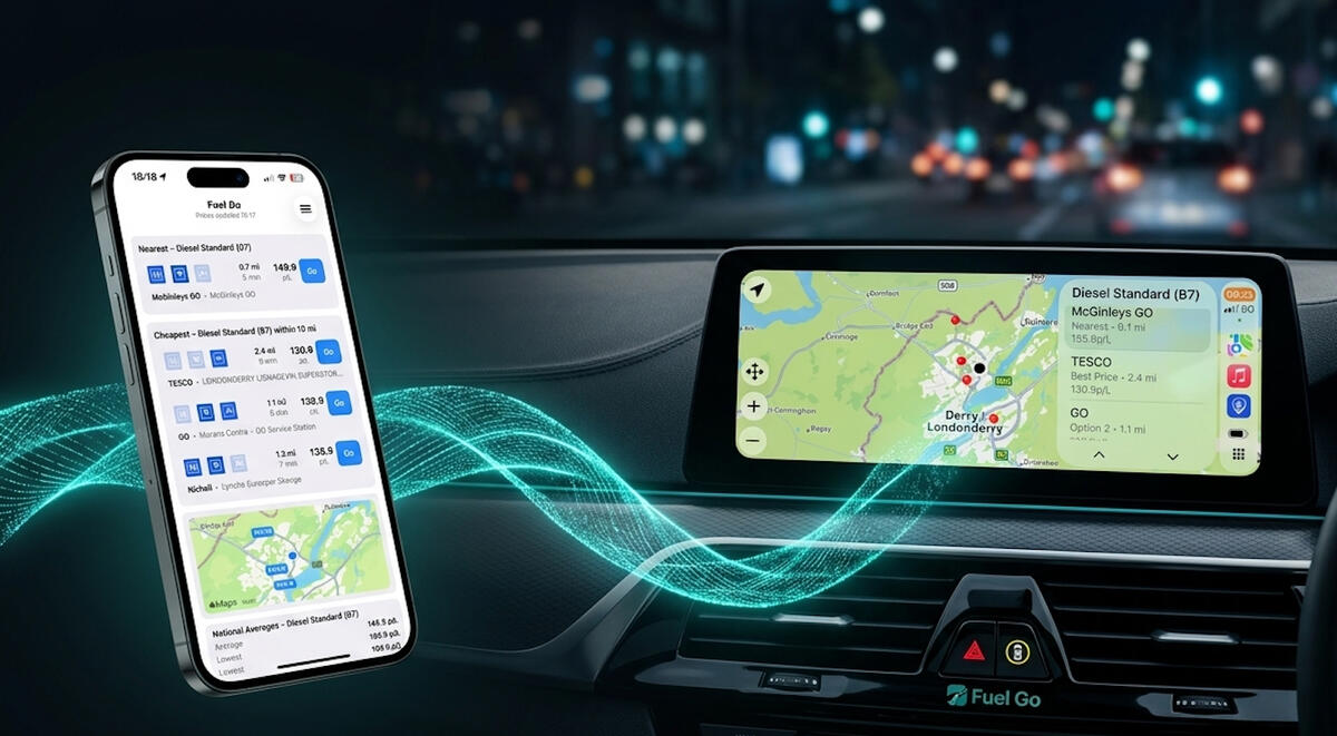 Fuel Go showing nearby petrol stations on Apple CarPlay